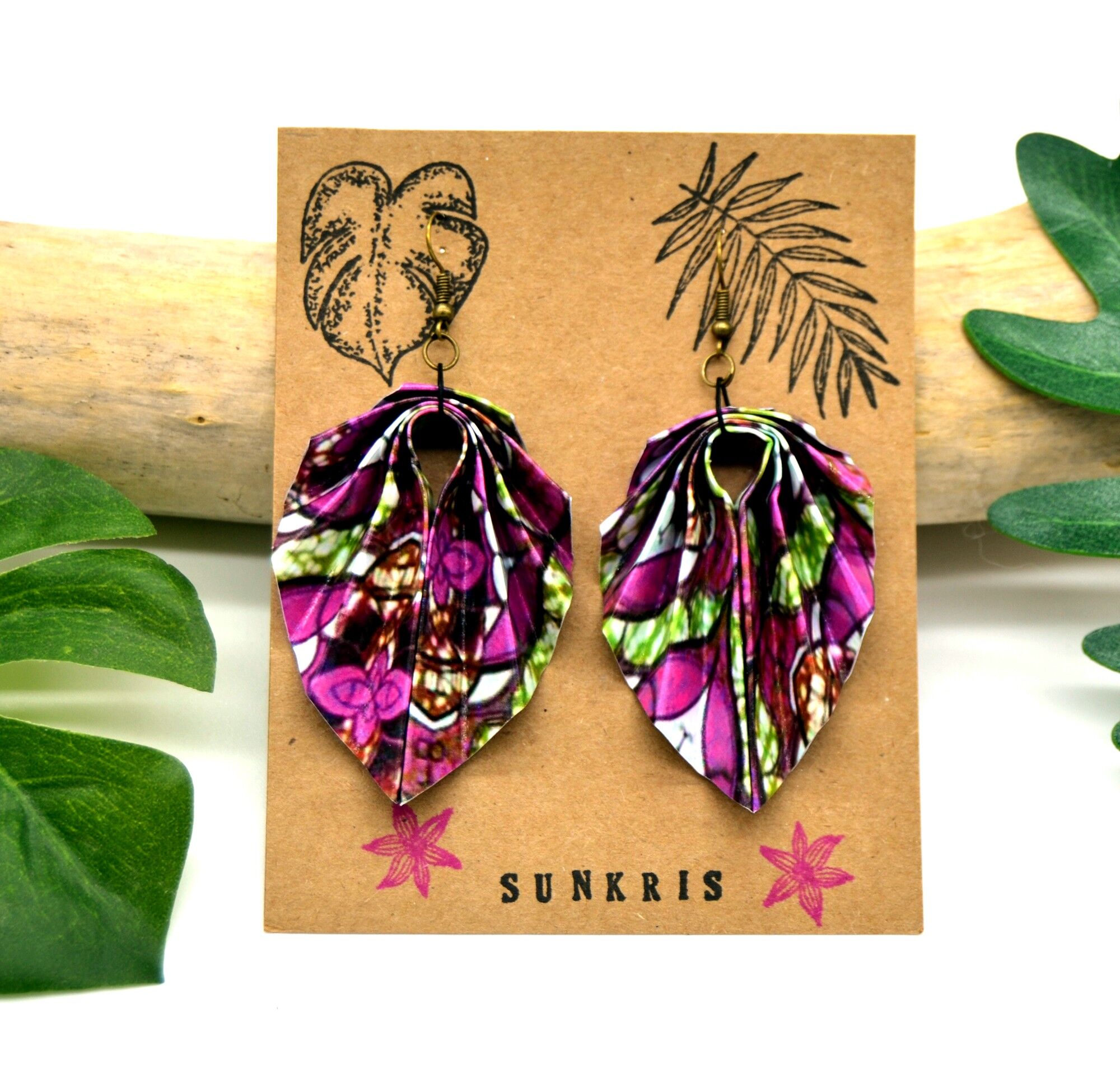 Origami folding paper earrings printed wax purple green brown