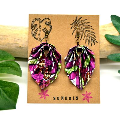 Origami folding paper earrings printed wax purple green brown