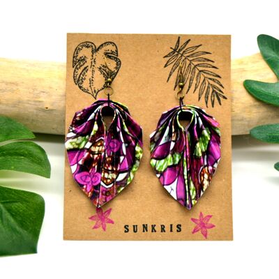 Boucles d'oreilles papier pliage origami imprimé wax violet vert marron