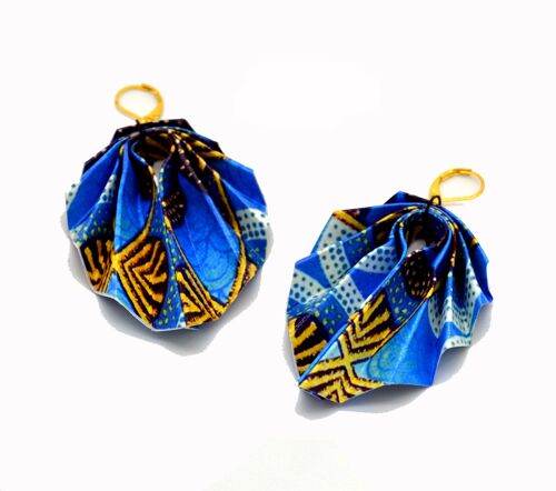 Boucles d'oreilles papier pliage origami imprimé motifs wax africain feuille bleu jaune