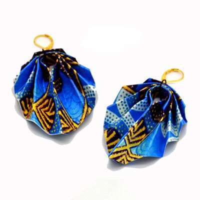 Pendientes de papel plegables de origami impresos patrones de cera africana hoja azul amarillo