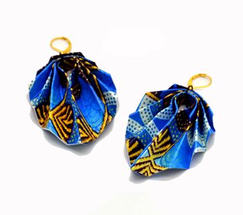 Boucles d'oreilles papier pliage origami imprimé motifs wax africain feuille bleu jaune 1