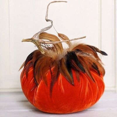 Burnt Orange Pumpkin with Schlappen Feather Collar 8 Inch