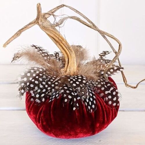 Burgundy Pumpkin with Guinea Feather Collar 6 Inch