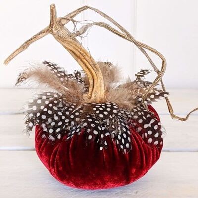 Burgundy Pumpkin with Guinea Feather Collar 5 Inch