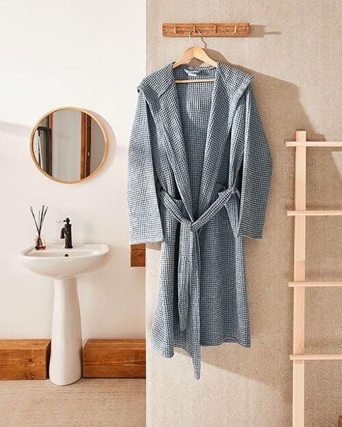 Hooded Washed Waffle Cotton Bathrobe - Indigo