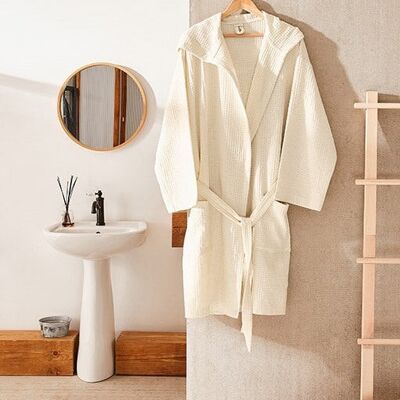 Hooded Waffle Cotton Bathrobe - Cream