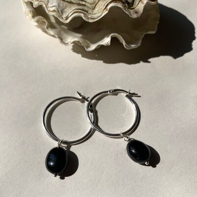 IŠHARA Hoop Earrings ~ Obsidian - Sterling silver