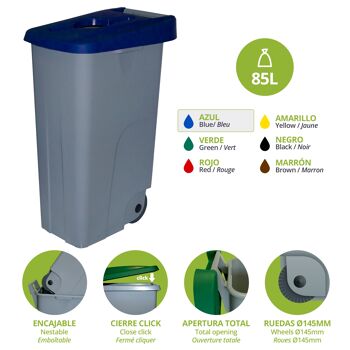 Conteneur à déchets Recycle ouvert 85 litres. Couleur bleu. 5