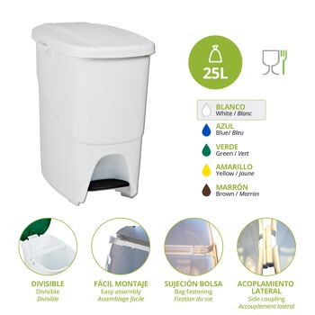 Poubelle à pédale écologique Pedalbin 25 litres. Couleur blanche. 3