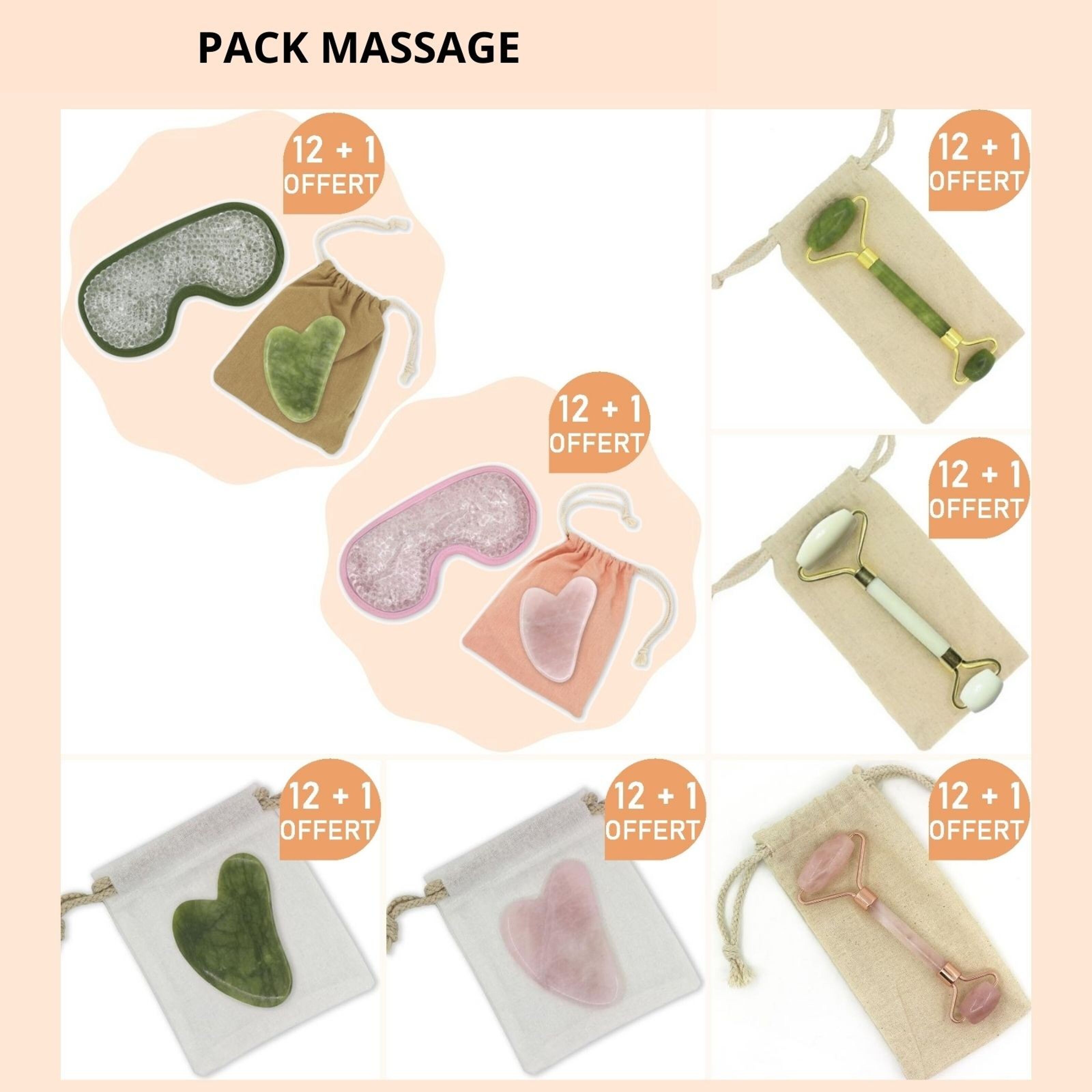 Pack rodillo masajeador facial y Gua Sha de cuarzo rosa, de Zen Arome