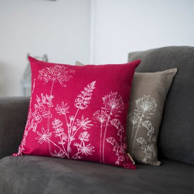 Coussin Floral en Pur Lin - Collection Jardin - Framboise - Housse de Coussin Uniquement