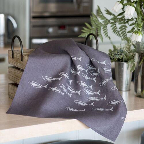 Linen Tea Towel Hand Printed Fish Design - Kitchen Towel