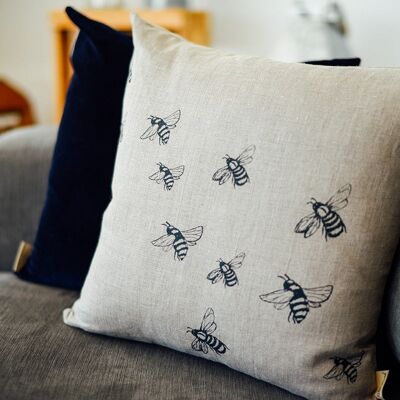 Bienenkissen, handbedrucktes reines Leinen – nur Kissenbezug