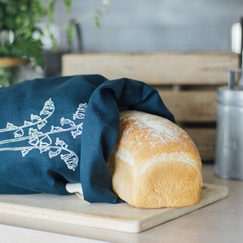 Linen Bread Bag, Bluebell Print, Navy Blue Bread Storage Bag