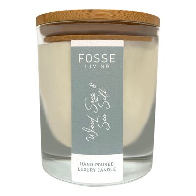 Bougie parfumée et longue durée à la sauge des bois et au sel de mer dans un bocal en verre : cire de noix de coco et de soja naturelle