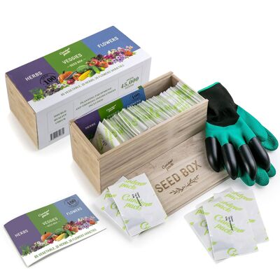 Seed Box by Garden Pack - 100 Varieties of Vegetables, Herbs, Flowers - Natural Wood Gift-ready Box, Accessories