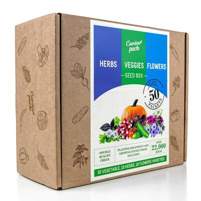 Seed Box by Garden Pack - 50 Varieties of Vegetable, Herb, Flower Seeds and Accessories