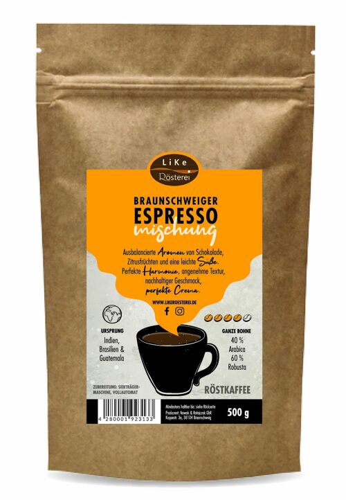 Röstkaffee Braunschweiger Espresso-Mischung 500g Ganze Bohne