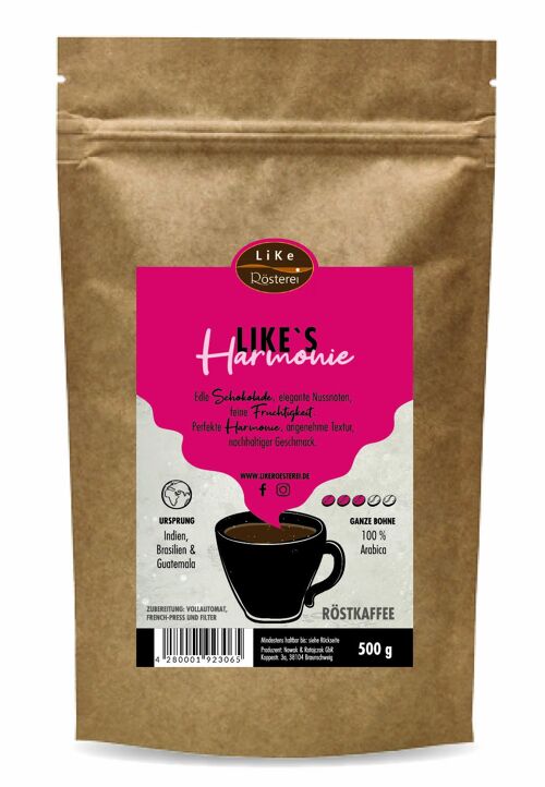 Röstkaffee LiKe´s Harmonie 500g Ganze Bohne