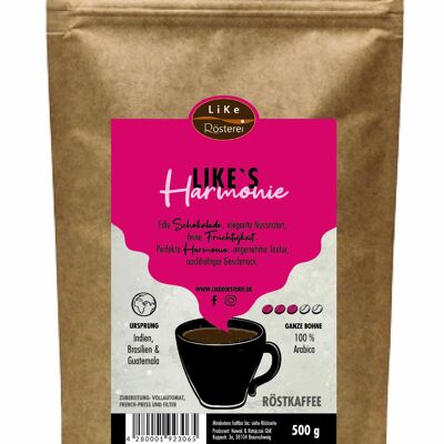 Roasted coffee LiKe's Harmonie 500g Whole bean
