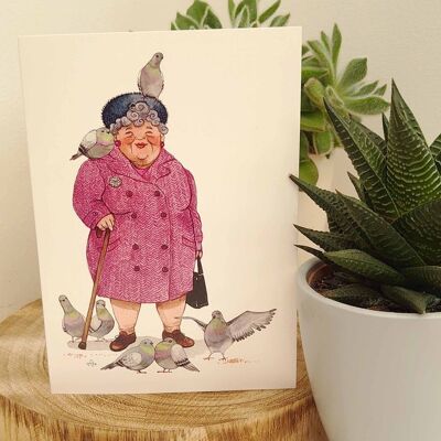 Old lady and pigeons card, Funny Birthday card, Quirky card, Old lady Illustration.