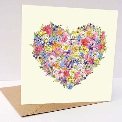 Flower heart Card, Mothers day card, Spring flowers, Easter flower card, Anniversary card, Cute card