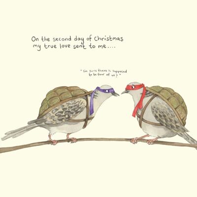 Two turtle doves Christmas card; Funny Christmas card; TMNT; Humour ; 2nd day of Christmas card; Twelve days of Christmas; Illustration