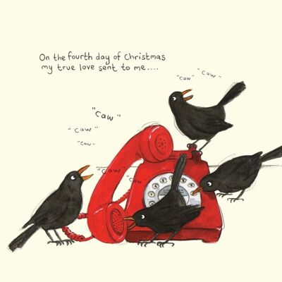 Four calling birds Christmas card; Funny Christmas card; Humour; 4th day of Christmas card; Twelve days of Christmas; Illustration