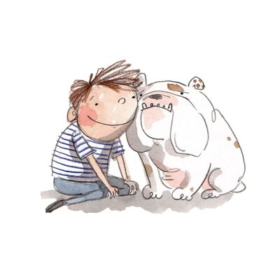 Boy and his Bulldog print; Watercolour print; Wall decor; Cute illustration; Dog print; Bulldog print - 8 x 10 inches (£12.50)