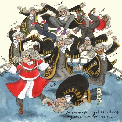 Ten lords a leaping Christmas card; Funny Christmas card; Humour; 10th day of Christmas card; Twelve days of Christmas; Illustration