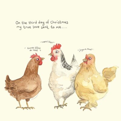 Three french hens Christmas card; Funny Christmas card; Humour; 3rd day of Christmas card; Twelve days of Christmas; Illustration