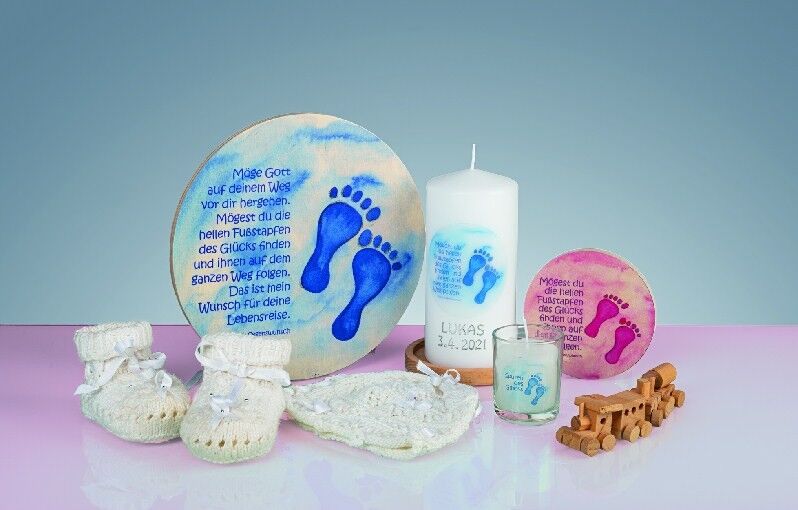 Quadro rotondo in legno, piedini blu