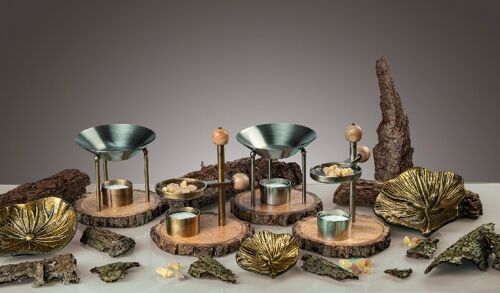 Öllampe „Holzscheibe“, in silbernem antique-finish