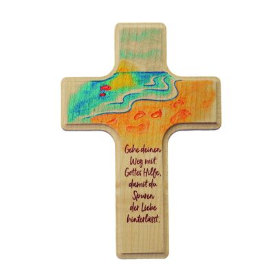 large wooden cross for children, footprints