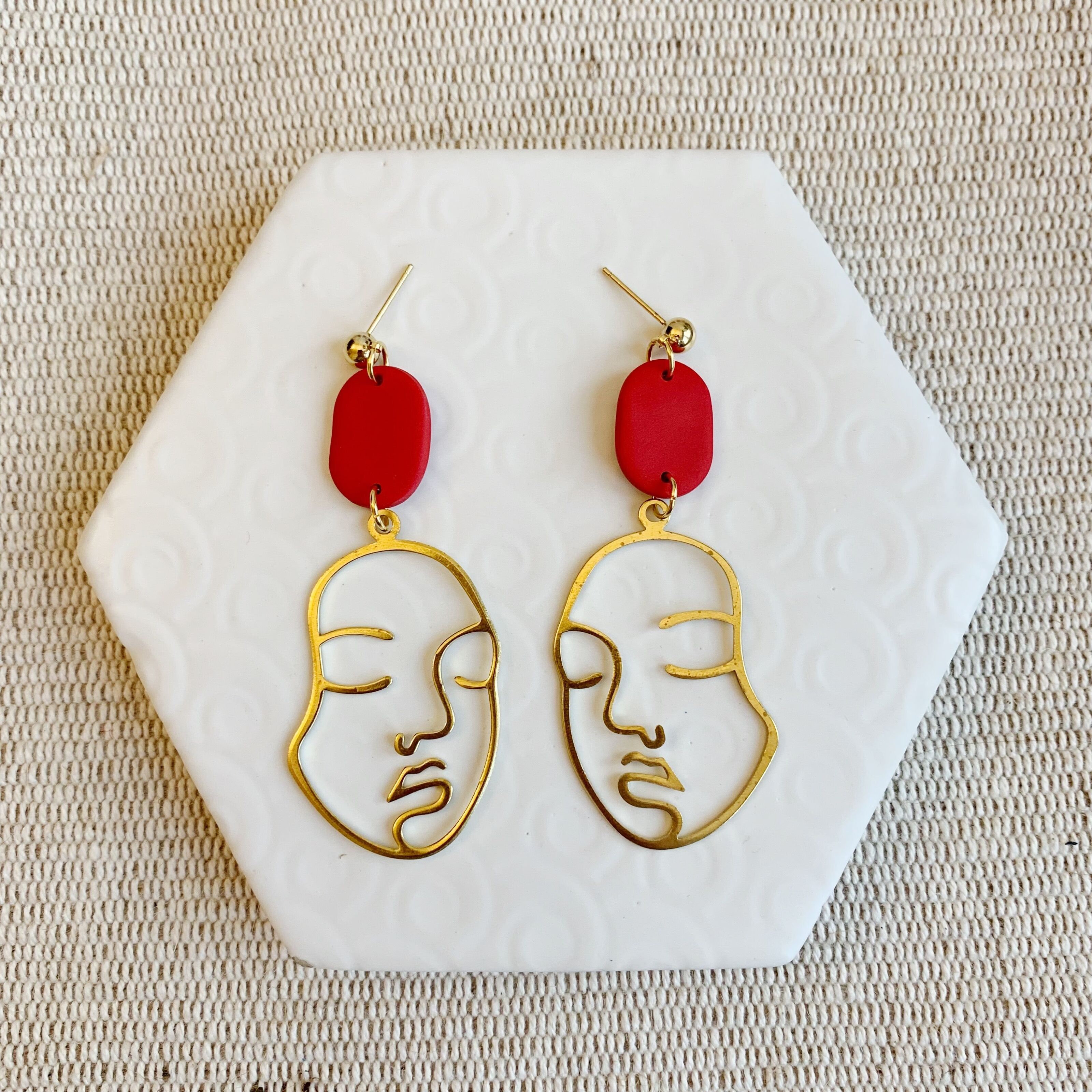 Abstract Face Rubber Earrings, Red