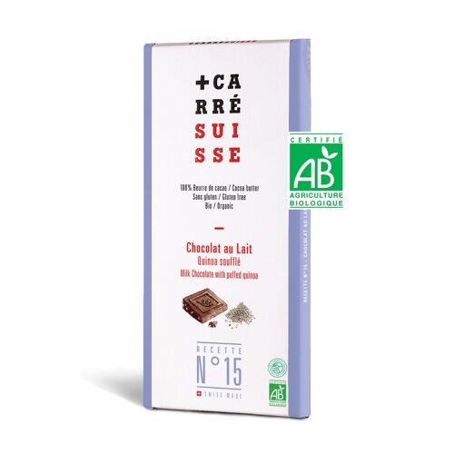 N°15 - Tablette de chocolat au lait, quinoa soufflé, BIO & équitable, 100g