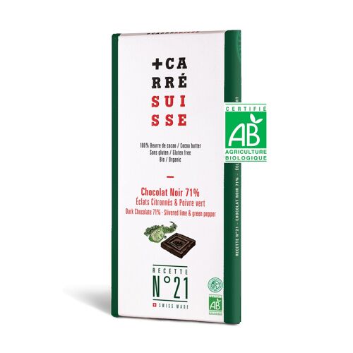 N°21 - Tablette de chocolat Noir 71%, éclats citronnés & poivre vert, BIO & équitable, 100g