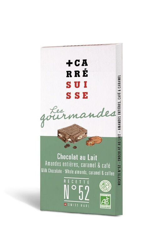 N°52 - Tablette de chocolat au lait - Amandes entières, caramel & café - BIO & équitable, 100g
