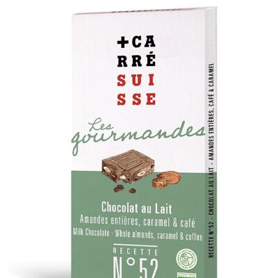 N ° 52 - Barra de chocolate con leche - Almendras enteras, caramelo y café - ECOLÓGICO y de comercio justo, 100g