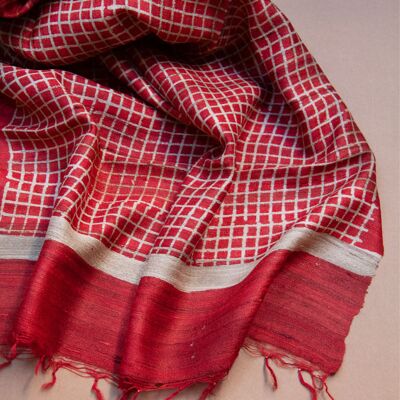 Handwoven cloth made of Peace Silk / Tussah silk red checkered