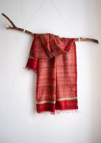 Tissu tissé à la main en soie de paix / soie de Tussah à carreaux rouges 2