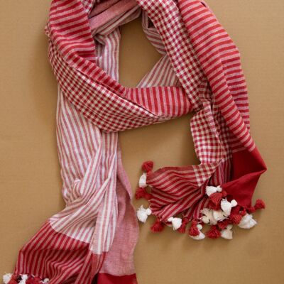 Handwoven organic cotton scarf with red and white stripes