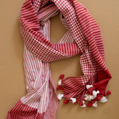 Bufanda de algodón orgánico tejida a mano con rayas rojas y blancas