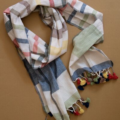 Hand-woven summer scarf made from organic cotton in creamy white with colorful stripes