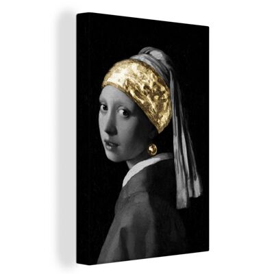 Canvas Schilderij - 60x90 cm - Meisje met de parel - Johannes Vermeer - Goud