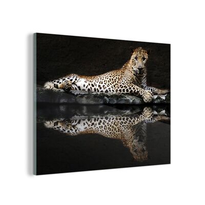 Glasschilderij - 160x120 cm - Luipaard - Water - Bos
