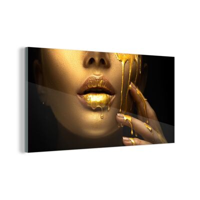 Glasschilderij - 120x60 cm - Goud - Vrouw - Verf