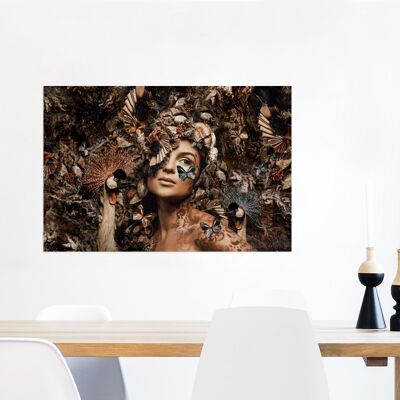 Glasschilderij - 90x60 cm - Vrouw - Vlinder - Vogel