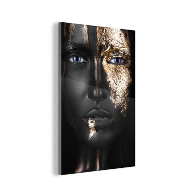 Glasschilderij - 100x150 cm - Vrouw - Bladgoud - Zwart